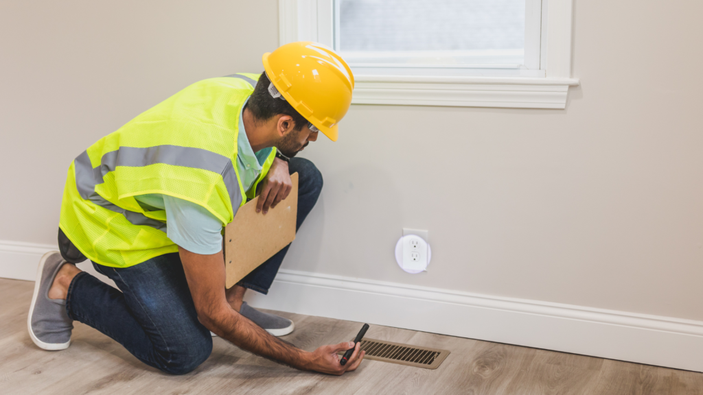Technician checking ductwork and airflow during a Rockford furnace replacement